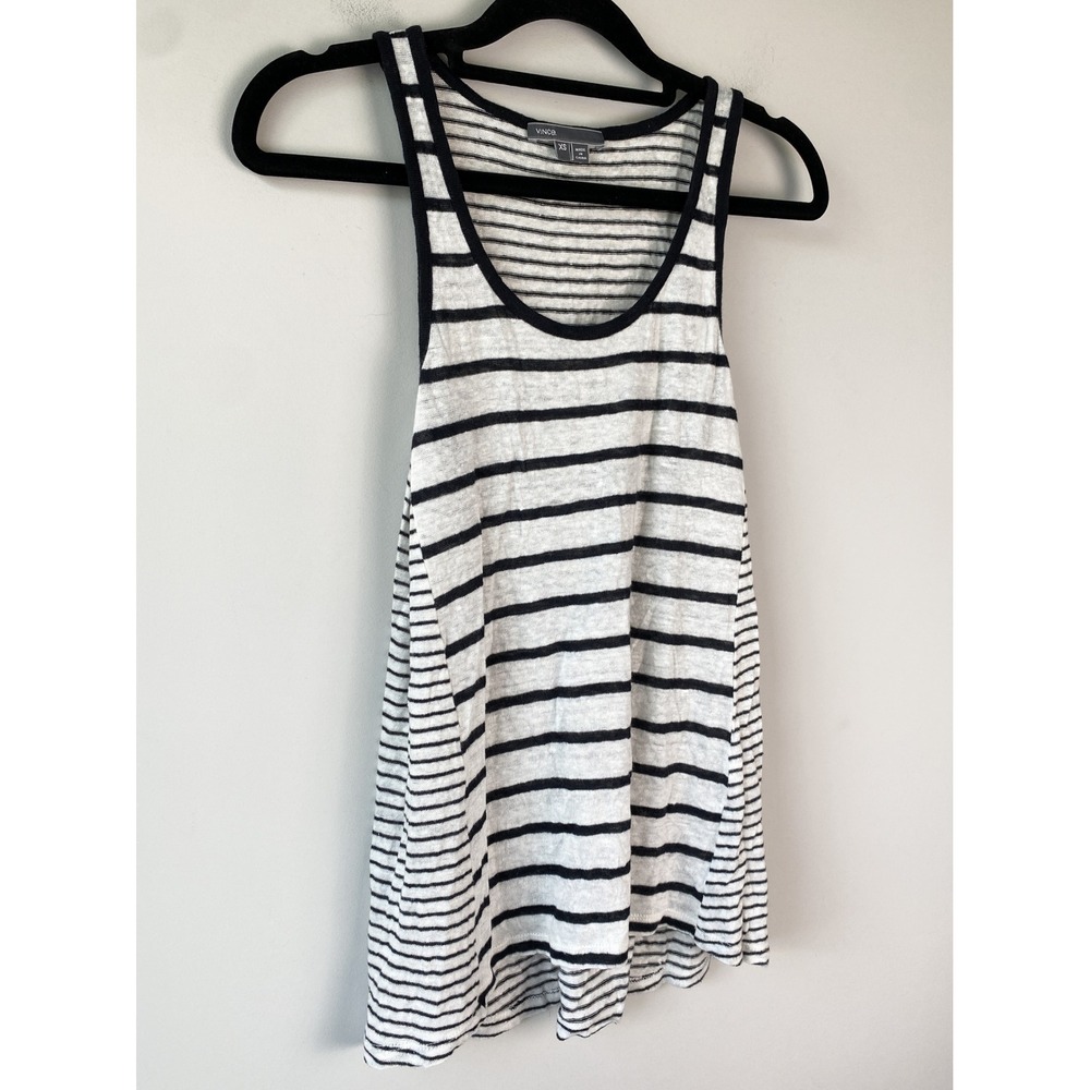 Vince Womens 100% Linen Tank Top XS White Black Stripe Minimalist Chic Natural - Picture 3 of 8